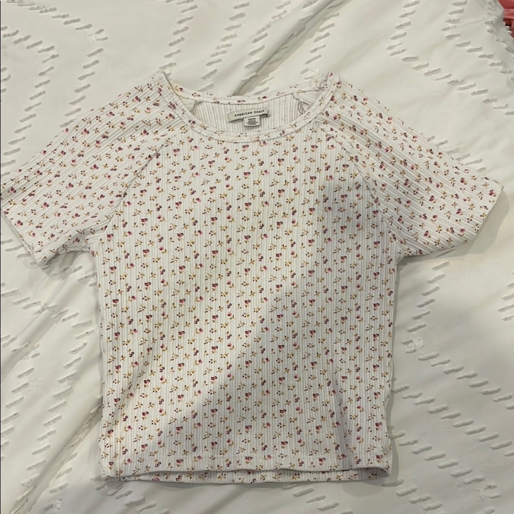 American Eagle Outfitters White Crop Top with Short Sleeves and Rounded Neckline